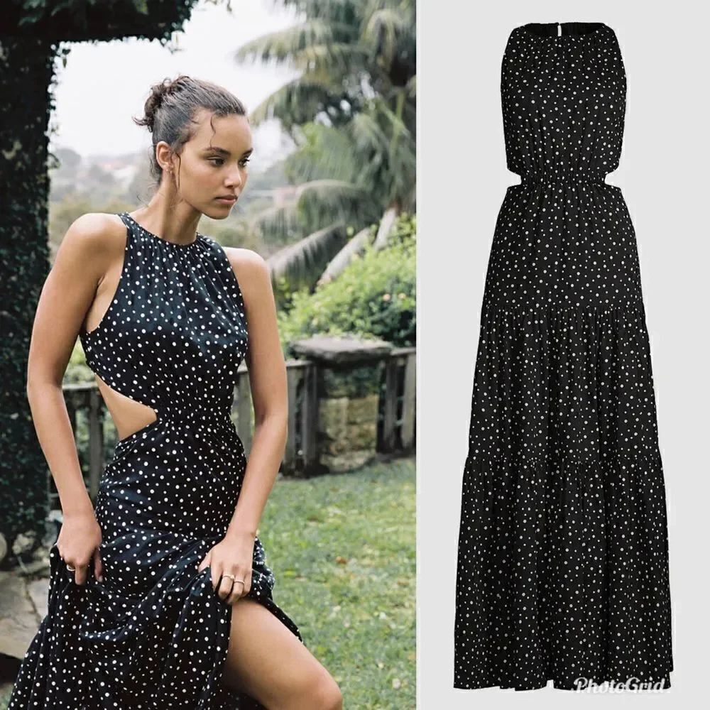 Revolve Significant Other Black Polka Dot Sleeveless Poppy Cutout Maxi Dress